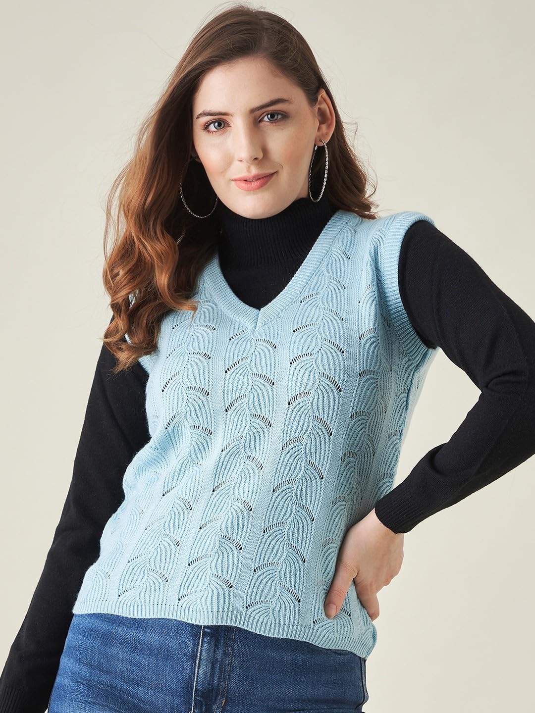 Modeve Self Design V Neck Casual Women Light Blue Sweater||Winterwear||