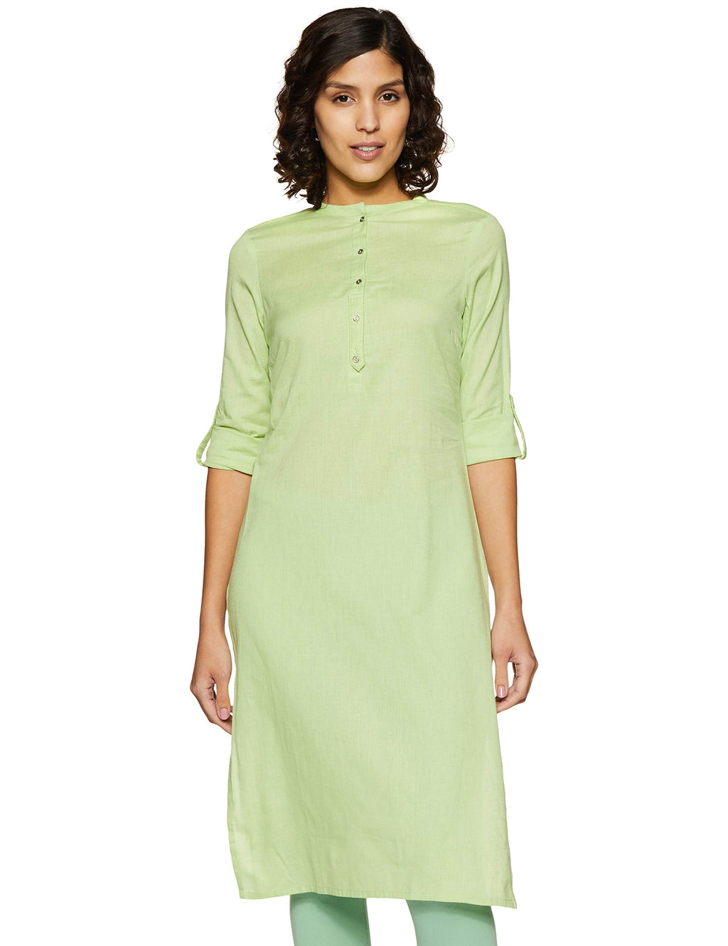 W For Woman Cotton Green Solid Mandarin Collar Straight Kurta_19Few11542-211277_M