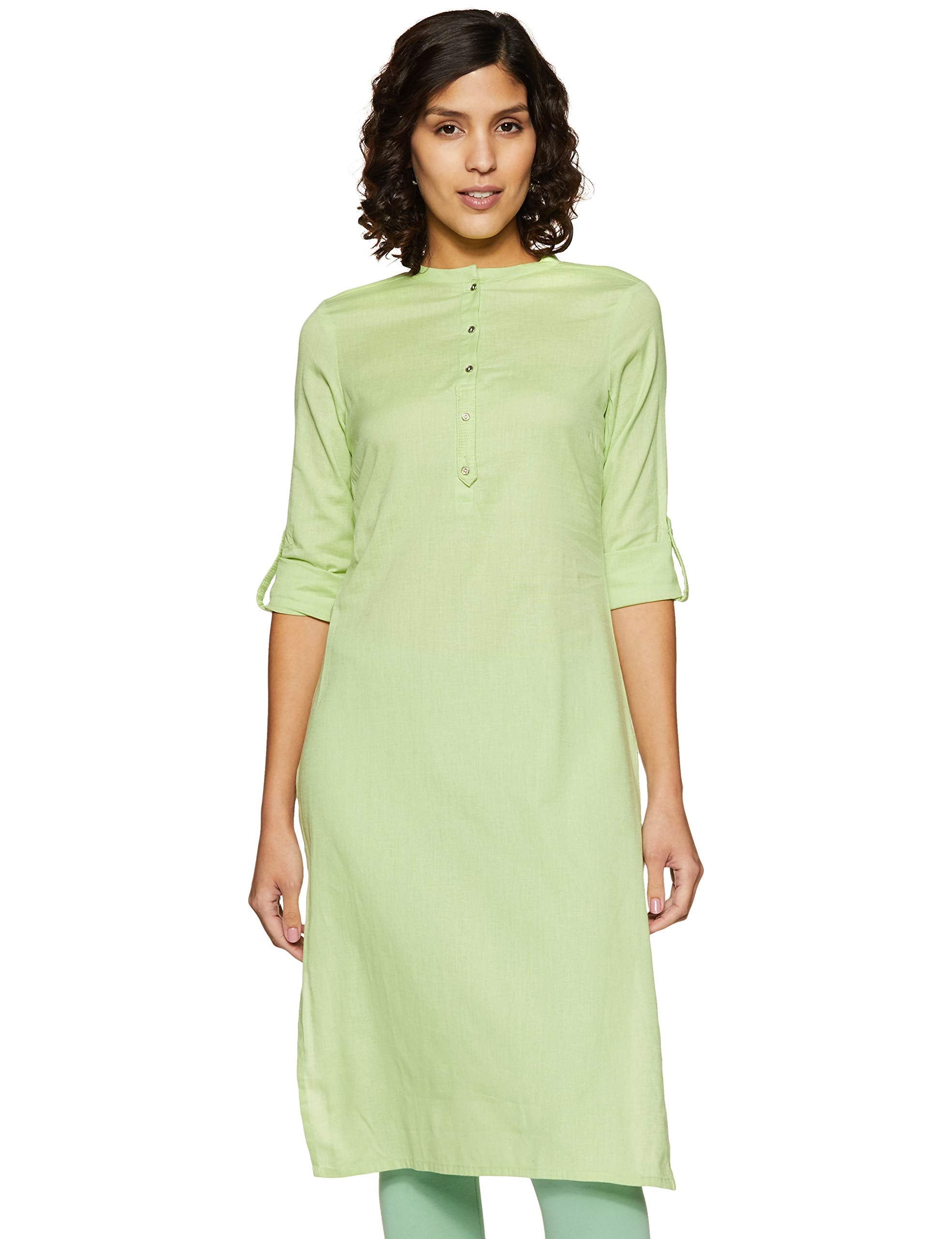 W For Woman Cotton Green Solid Mandarin Collar Straight Kurta_19Few11542-211277_M