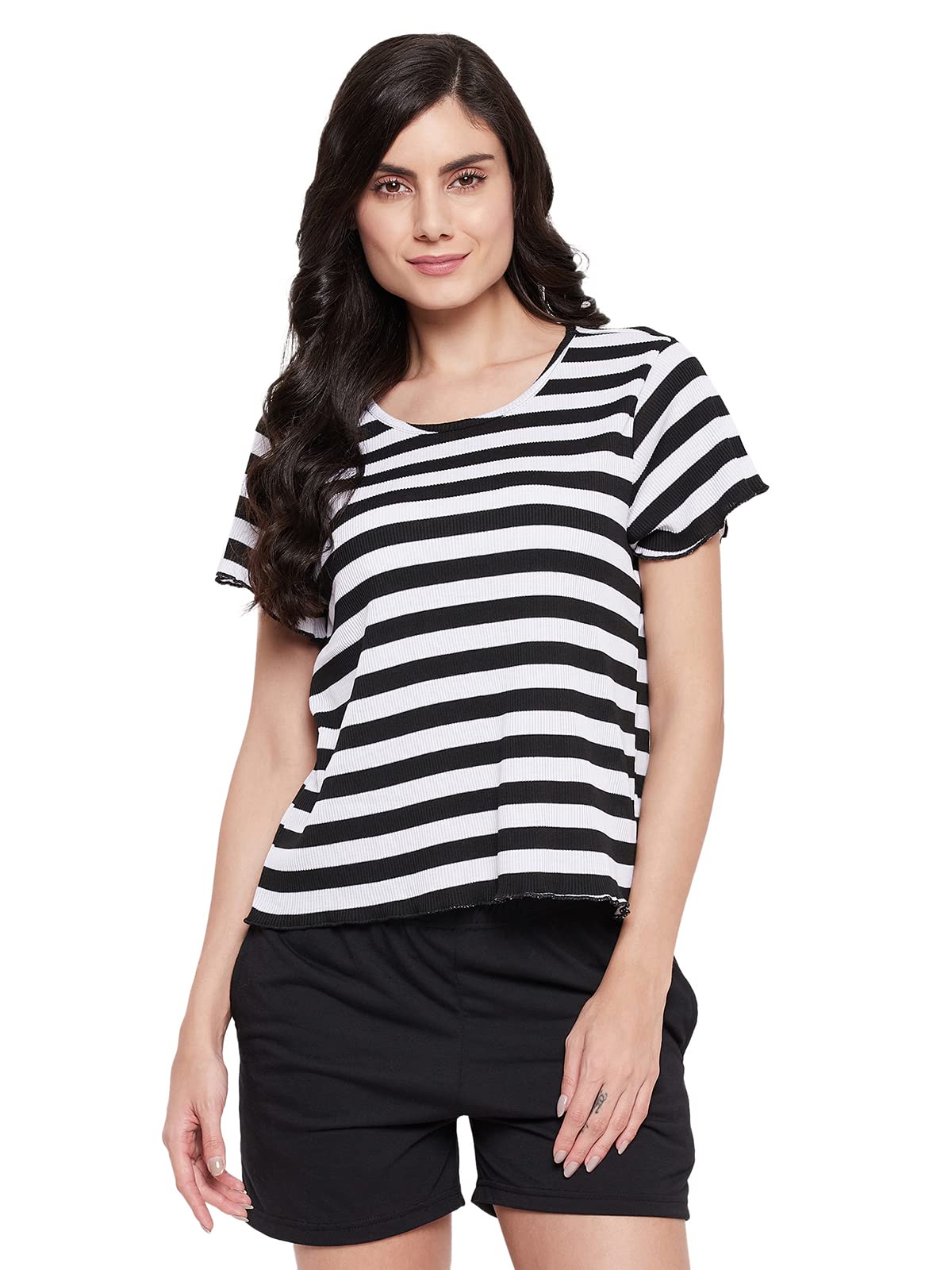 Clovia WomenS Cotton Sassy Stripes Short Sleeves T-Shirt (Lt0155D18_White_M)
