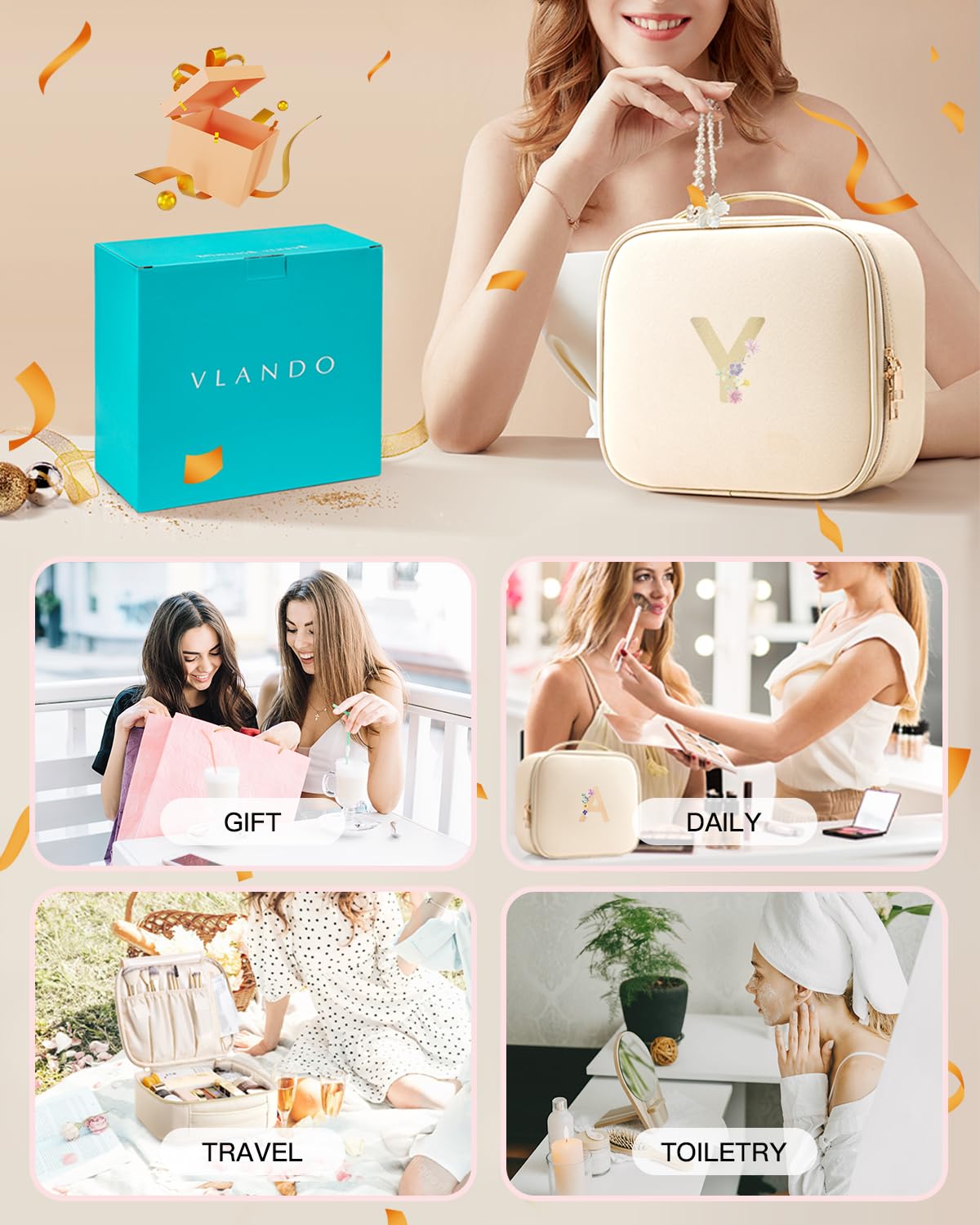 Vlando Teacher Appreciation Gifts for Women,Large Makeup Case Bag,Personalized Gifts for Girlfriend Wife Sister(Letter Y)