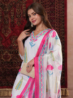 ANNI DESIGNER Women s Rayon Blend Printed Straight Kurta with Pants and Dupatta, white, 36