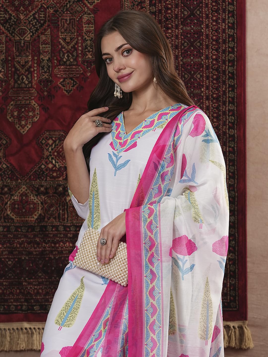 ANNI DESIGNER Women s Rayon Blend Printed Straight Kurta with Pants and Dupatta, white, 36