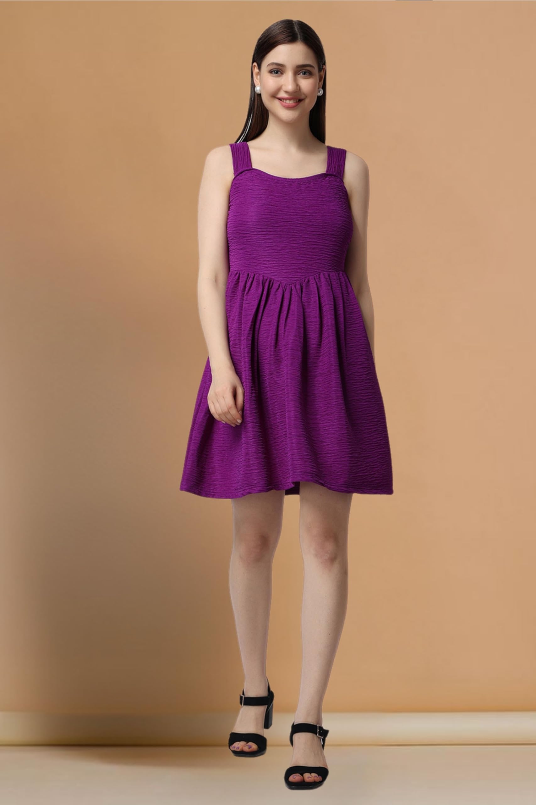 Popwings Casual Self Design Crush Dress For Women || Sleeveless Summer Dress For Women || Latest Stylish Knee-Length Women Dress