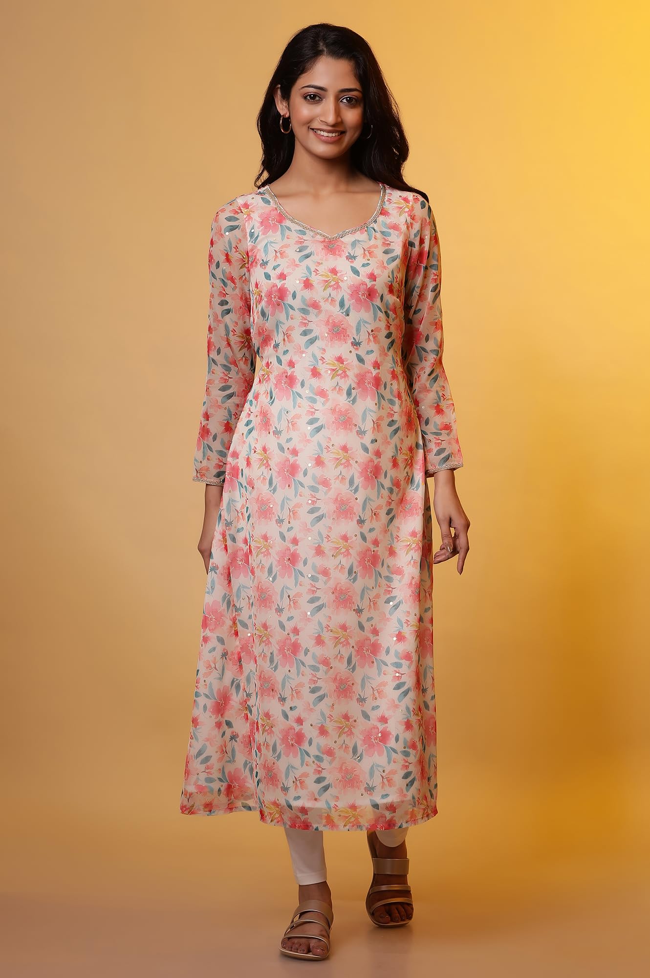 Aurelia Women?? Floral Printed Lace Straight Kurta | Sweatheart Neck Kurta For Women | Floral Printed Kurta For Women | Beautiful Regular Fit Kurta For Women