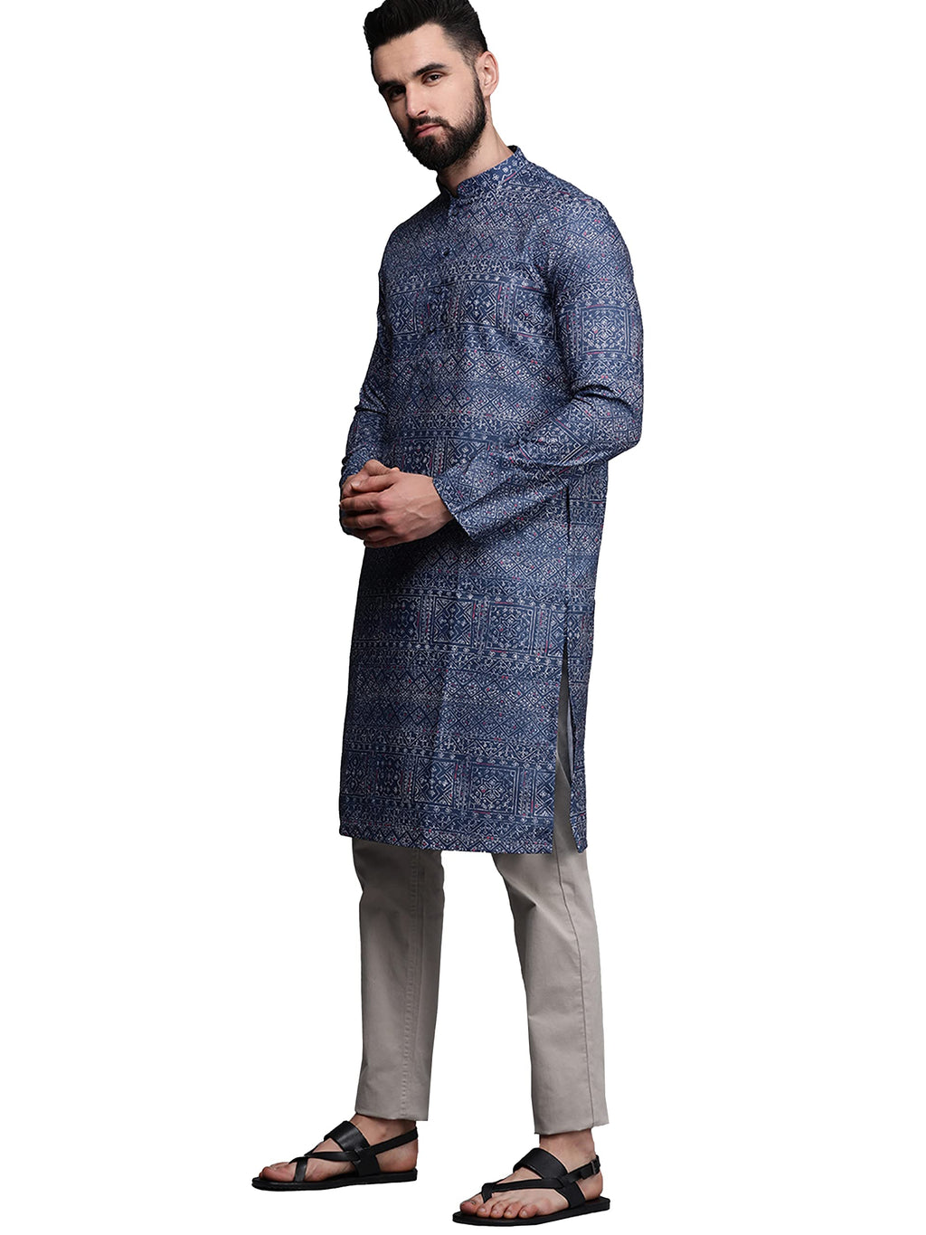 Manyavar Mens Kurta, Full Sleeves Mandarin Collar Ethnic Knee-Length Kurta Only, Kurta for Festival, Wedding, Party and Anniver