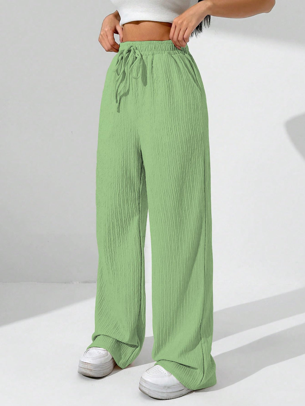 Sugathari Womens Pista Green Loose Wide-Leg Pants with Textured Wrinkled Fabric and Drawstring Waist Long Trousers (Trouser 157