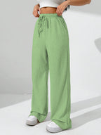Sugathari Womens Pista Green Loose Wide-Leg Pants with Textured Wrinkled Fabric and Drawstring Waist Long Trousers (Trouser 157