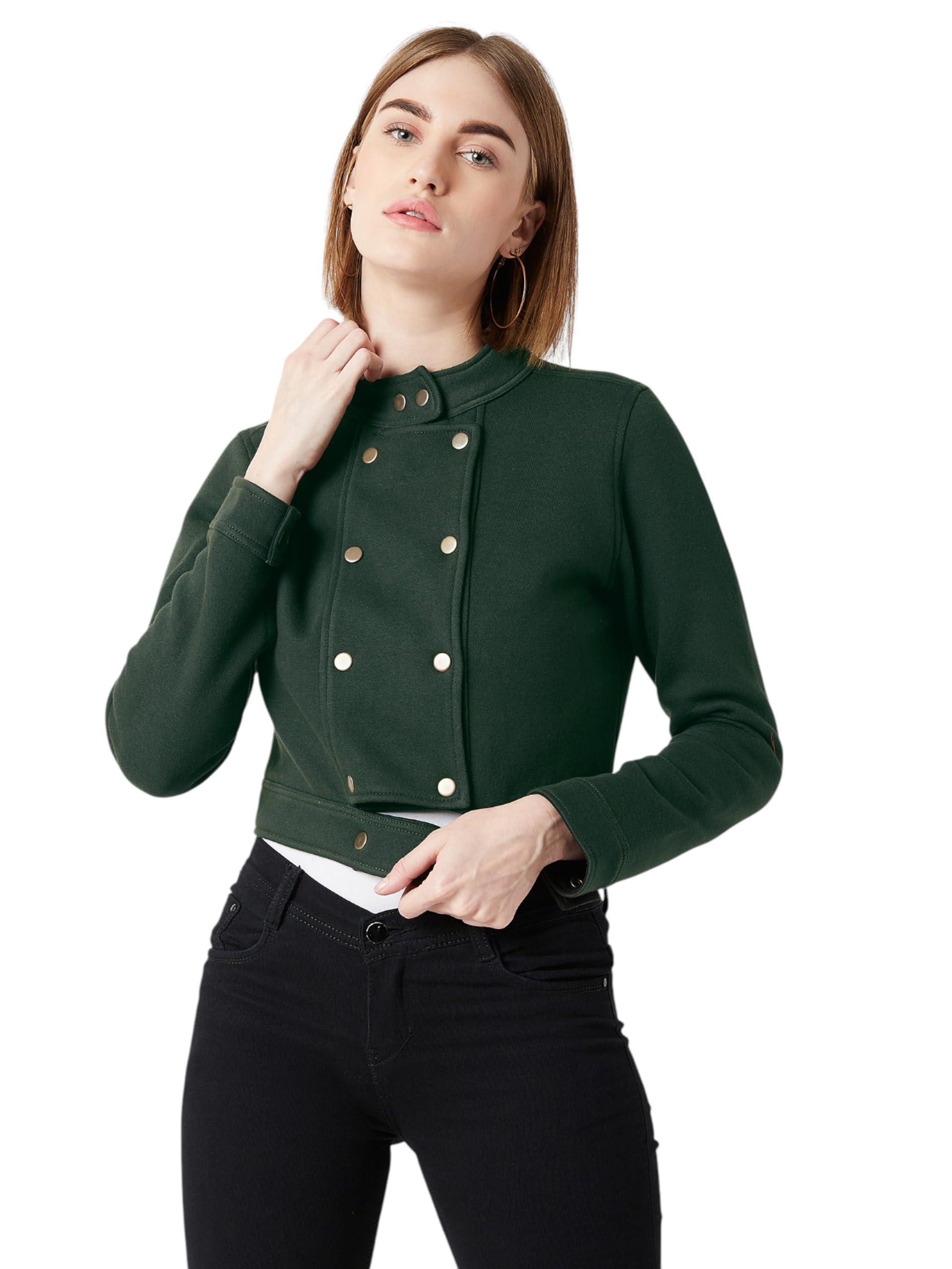 Miss Chase Womens Round Neck Full Sleeves Panelled Cropped Jacket (MCAW24JKT99-51-48-04, Green, M)