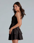 Addyvero V-Neck Shoulder Straps Sleeve Glam Glitter Ruffled Tiered Fit Above Knee Length Women Solid Fit And Flare Dress (Black,