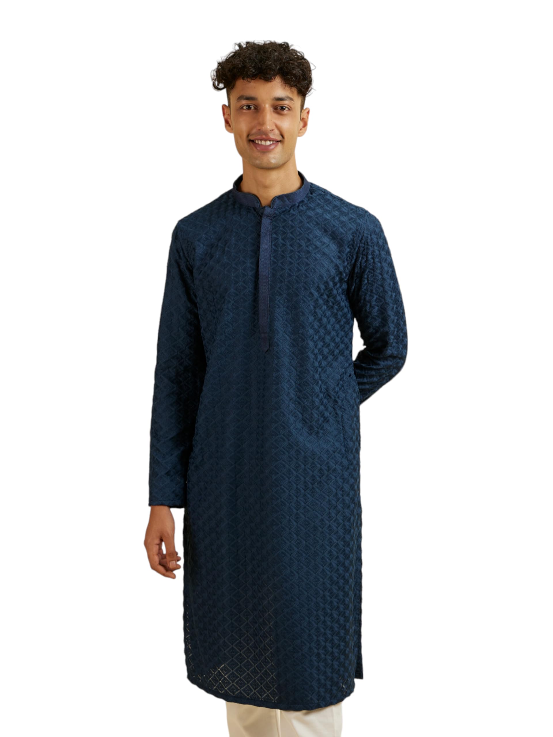 Manyavar MenS Georgette Chikankari Kurta Pyjama Set (Blue,Xl)