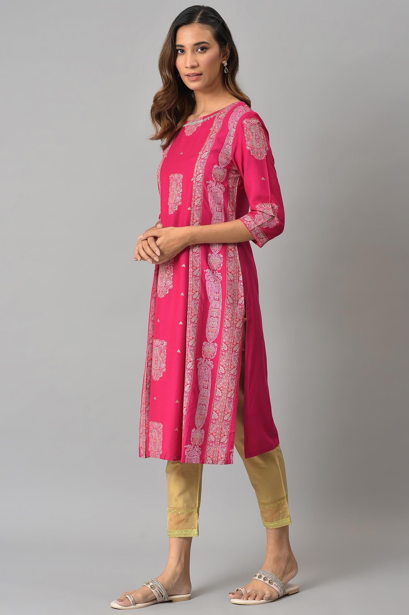 W For Woman Dark Pink Mock Layered Beadwork Kurta