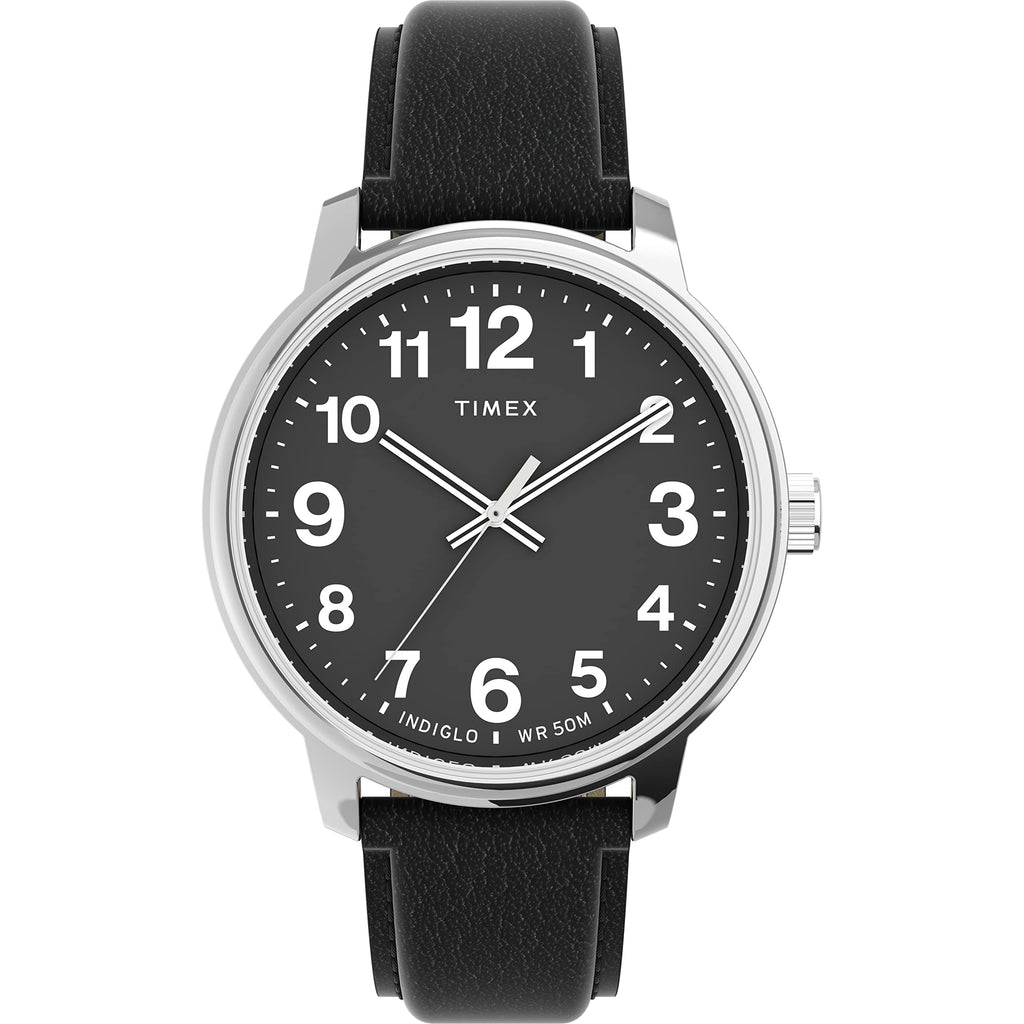 Timex Men's Easy Reader Bold 43mm Watch - Silver-Tone Case Black Dial with Black Leather Strap