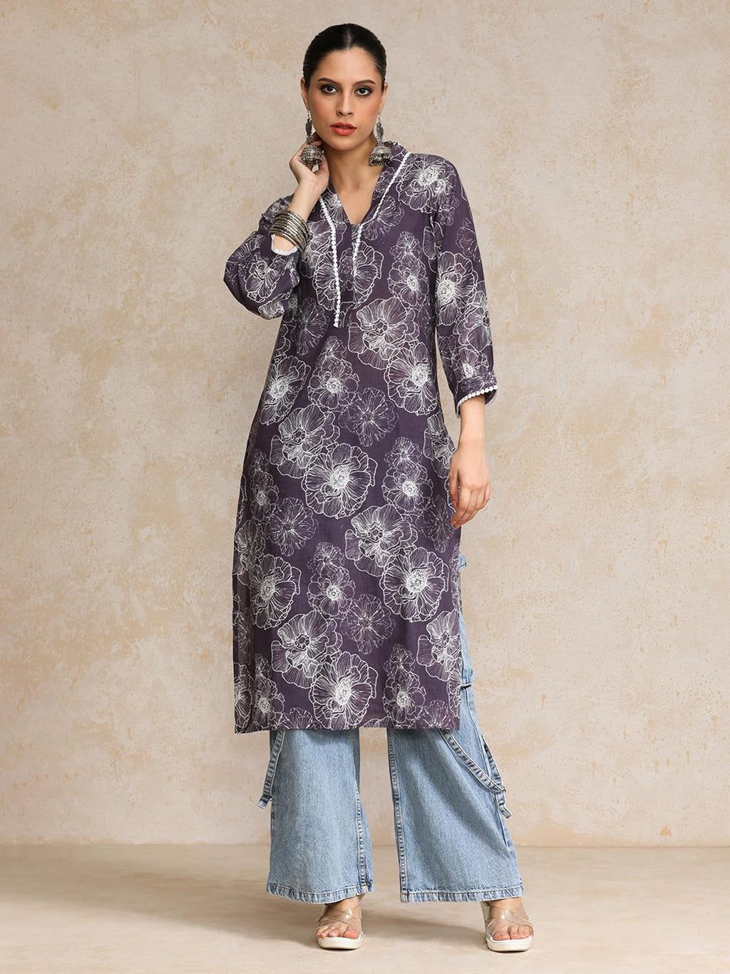Varanga V Neck Kurta With Lace Detailing And Big Floral Print Purple