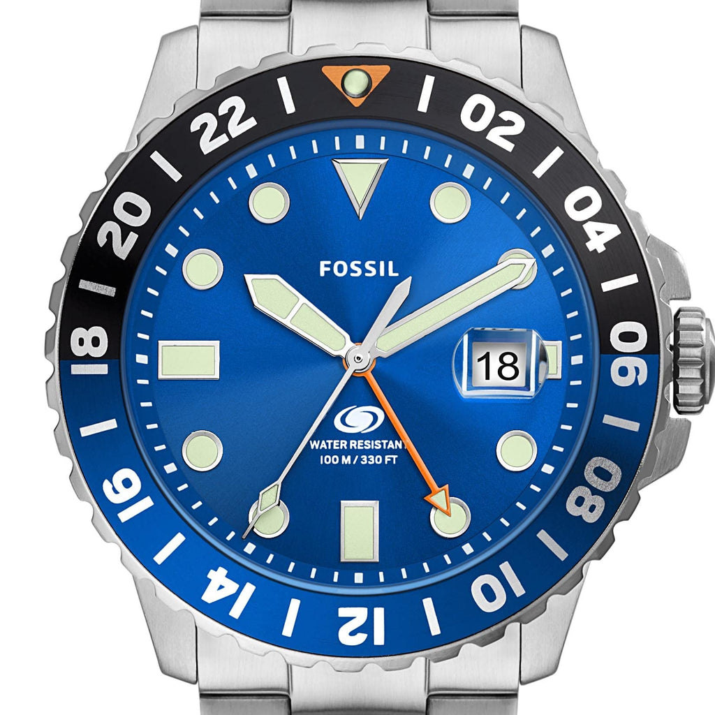 Fossil Men's Blue GMT Stainless Steel Dual Time Watch, Color: Silver (Model: FS5991)