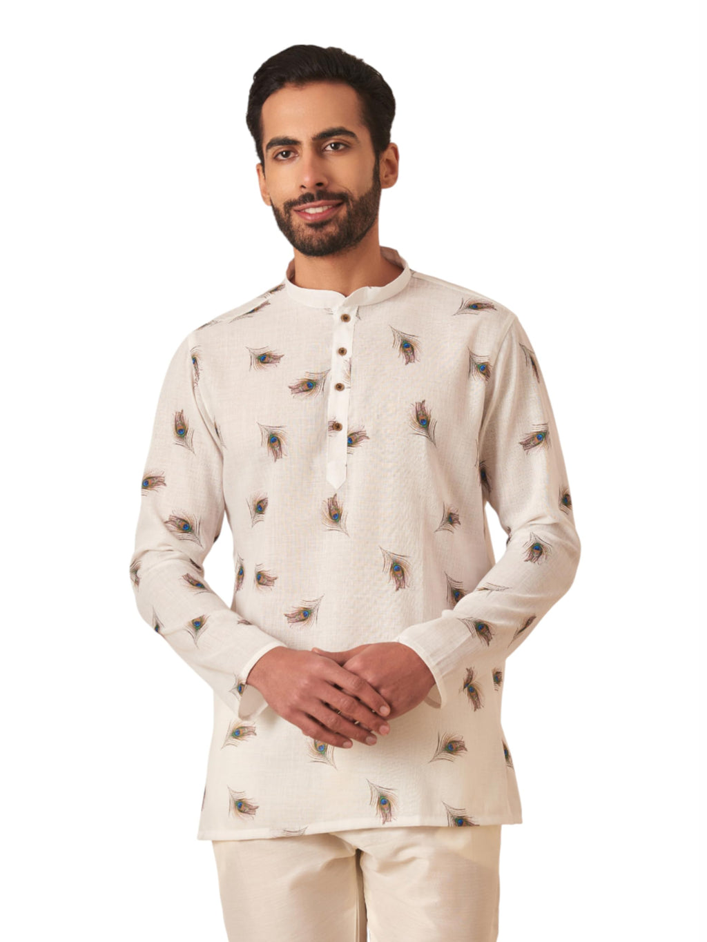 Manyavar Mens Short Kurta, Full Sleeves Mandarin Collar Ethnic Waist Length Kurta Only, Kurta for Festival, Wedding, Blended Co