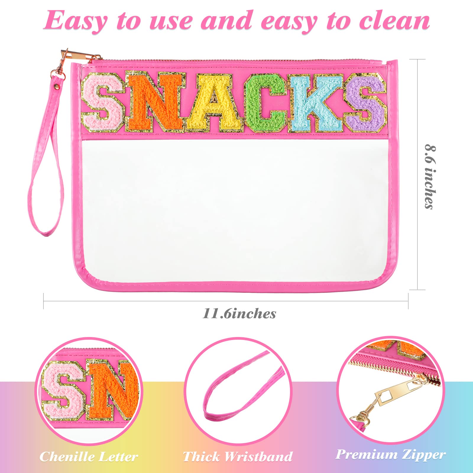 Sanwuta Chenille Letter Clear Zipper Pouch, 2Pcs Set, Classic Stuff Snacks, PU Leather, Transparent Travel Patch Pouch for Cosme