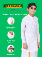 Prakasam Cotton Boys White Art Silk Long Sleeve Kurtha With Stitched Art Silk White Dhoti For Boys