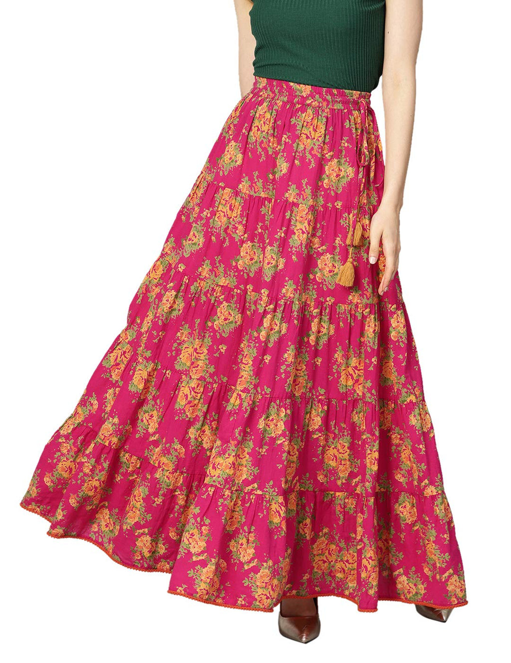 Varanga Fushcia Floral Printed Tiered Skirt with Drawstring and Tassels at Waist Band with pom-pom lace at Hemline
