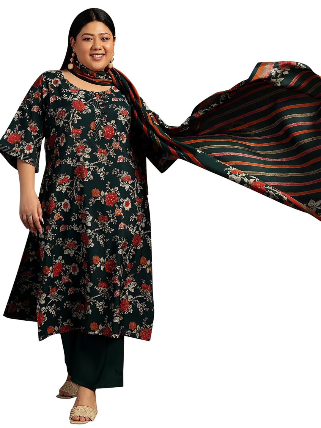 Extra Love By Libas Plus Size Womens Printed Silk Blend Straight Kurta With Palazzos And Dupatta