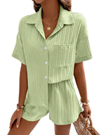 Shasmi Women & Girls Pista Solid Color Button Front Vacation Solid Texture Short Sleeve Loose Fit Drop Shoulder Pocket Shirt and