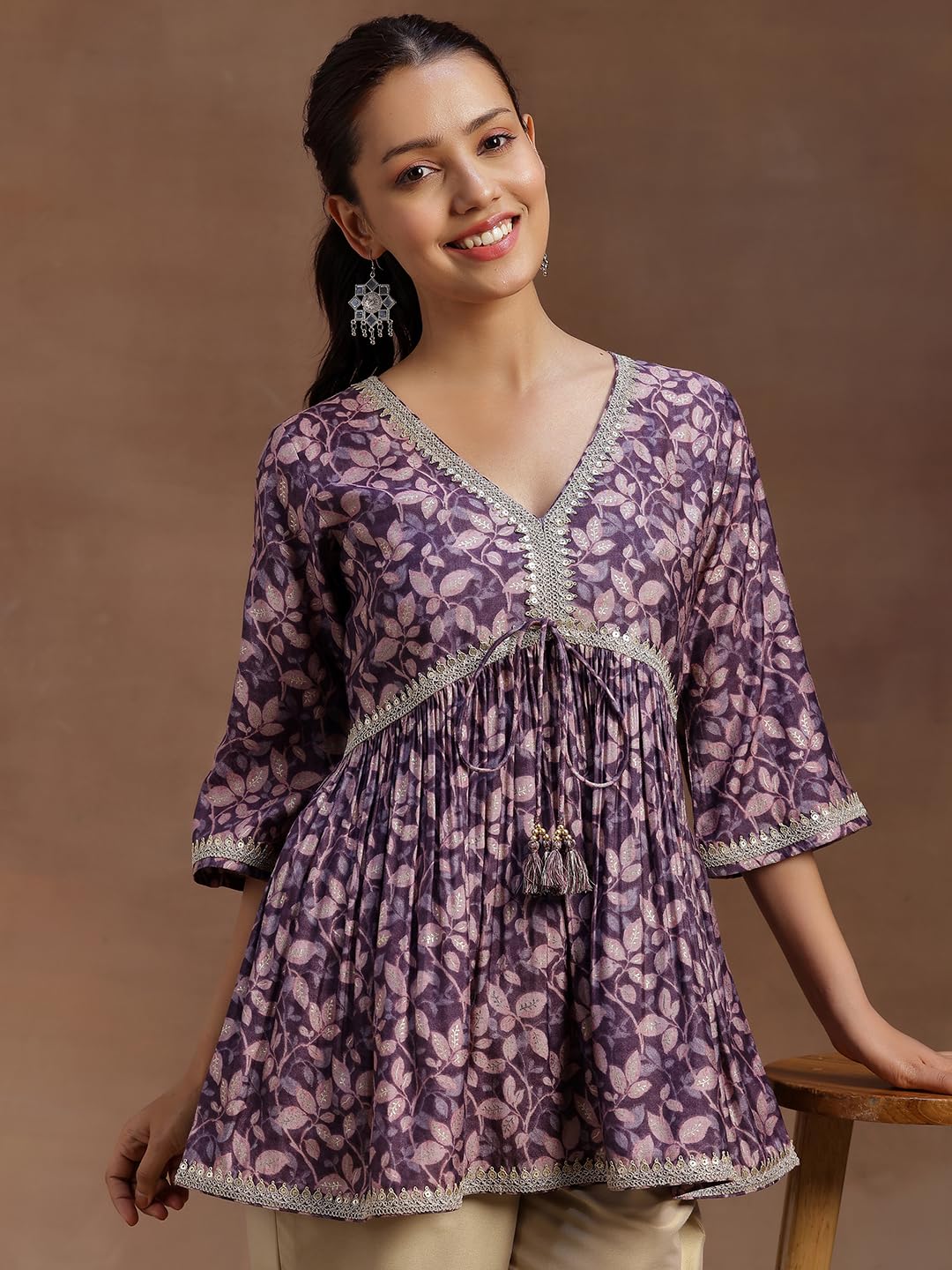 Libas Women'S Silk Blend Floral A-Line Kurti (291580R Purple