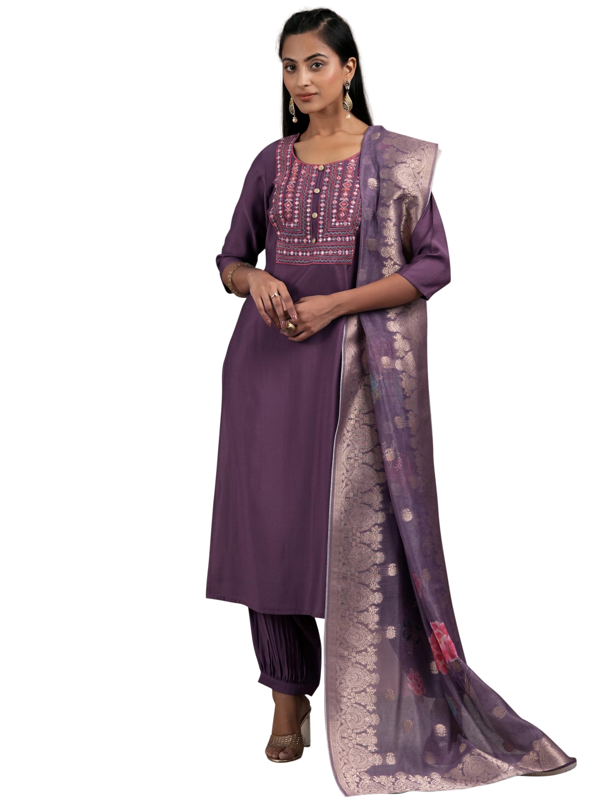 Libas Womens Woven Design Silk Blend Straight Kurta With Salwar And Dupatta