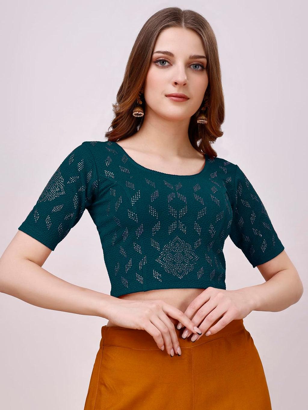 Pujia Mills WomenS Readymade Hosiery Lycra Stretchable Round Neck Half Sleeve Blouse With Swaroski Work Fancy Lycra Stretchable