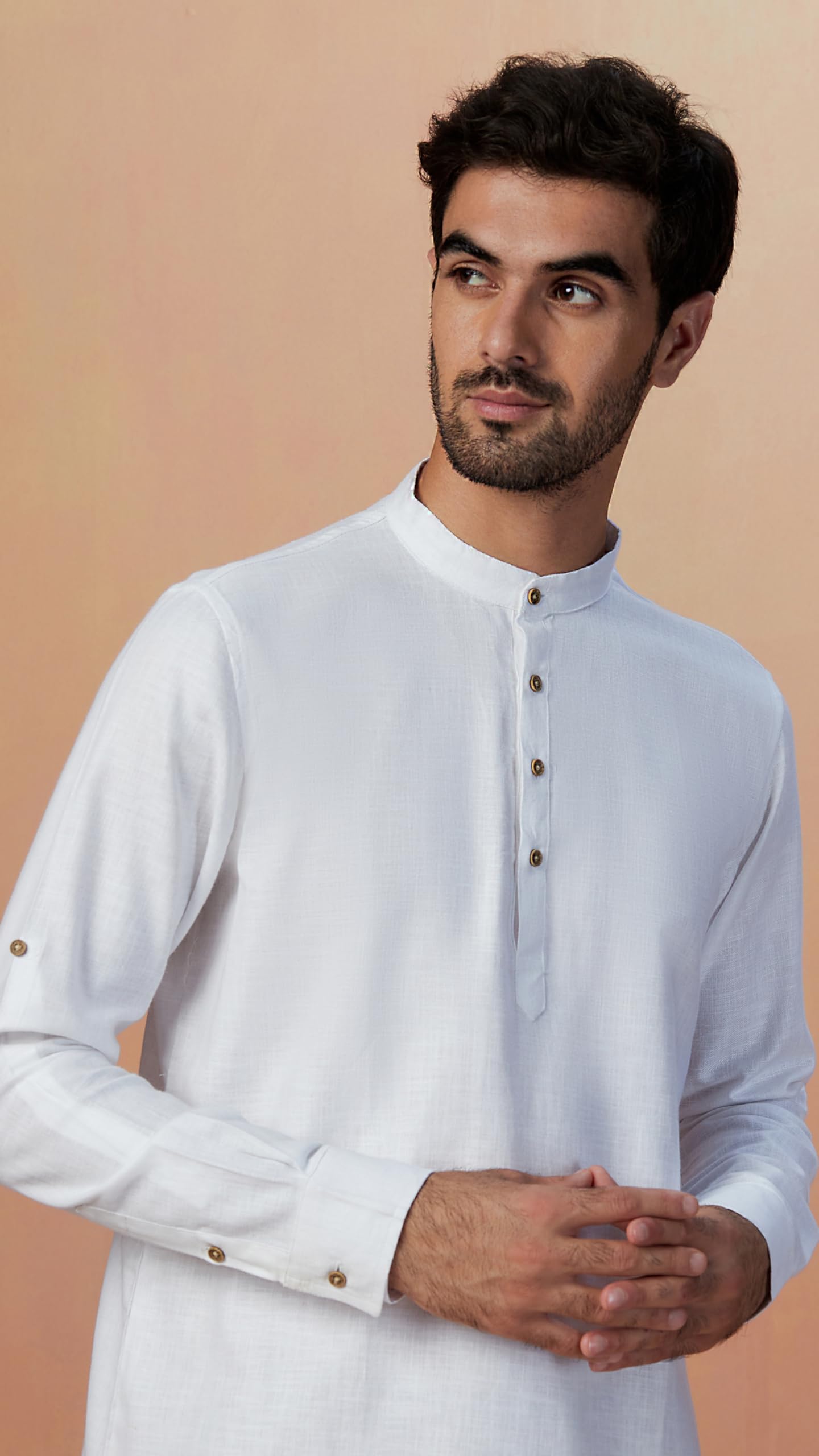Manyavar Mens Short Kurta Only, Ethnic Short Kurta For Men, Full Sleeves Mandarin Collar Self Design Blended Cotton Short Kurta