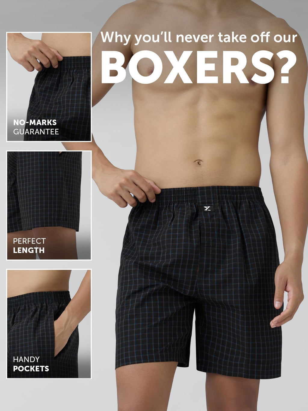 XYXX Mens Super Combed Cotton Checkmate Boxer Shorts Elasticated Waist, Drawstring | Loungewear for Men Pack of 2 (S; Jet Black