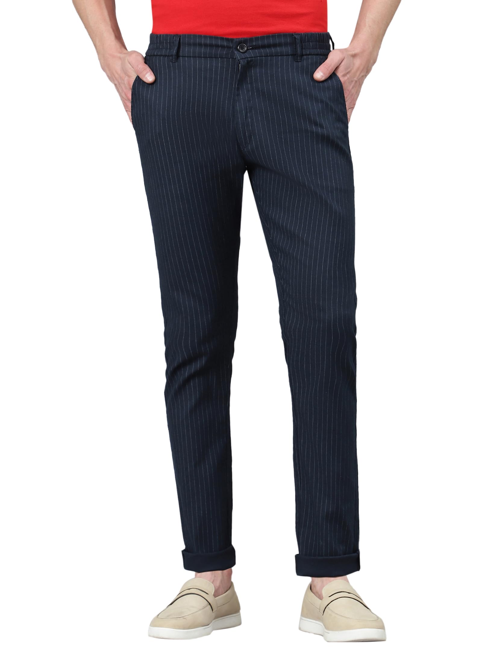 AVANOVA Mens Solid Linen Navy Blue Trousers Light Business Style Slightly Stretch Straight Leg Pants for Outdoor Casual Daily T