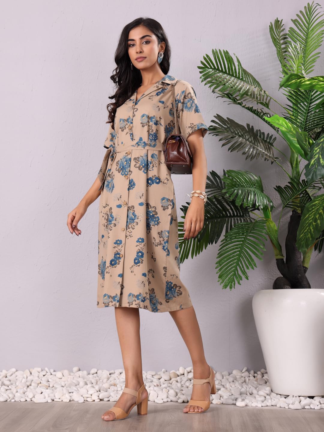 Varanga Women Floral Printed Shirt Dress  Stylish, Comfortable, And Versatile For Casual And Semi-Formal Looks Beige