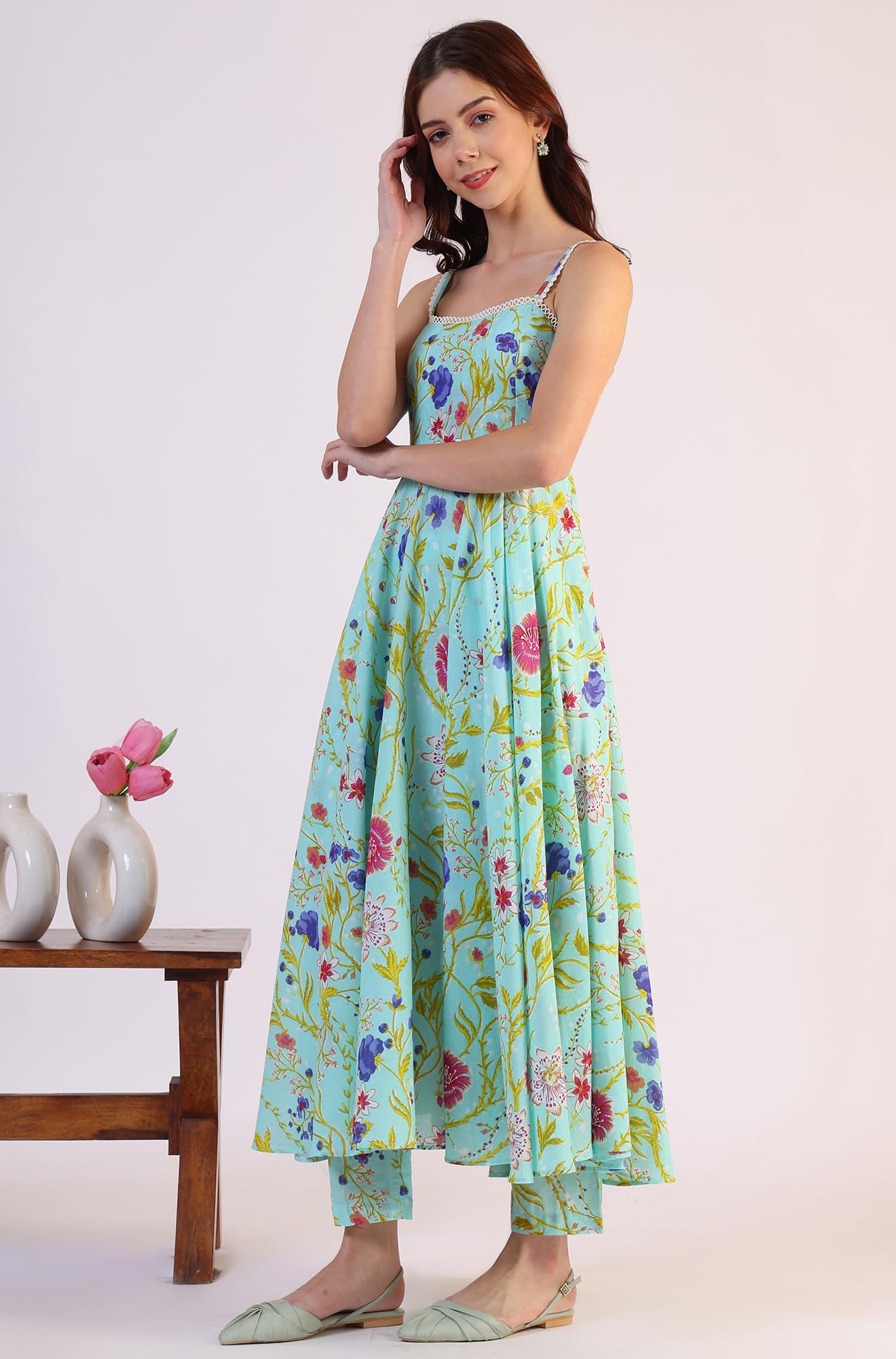 W For Woman Lilac Floral Printed Pure Cotton Straight Kurta And Pants Co-Ord Set