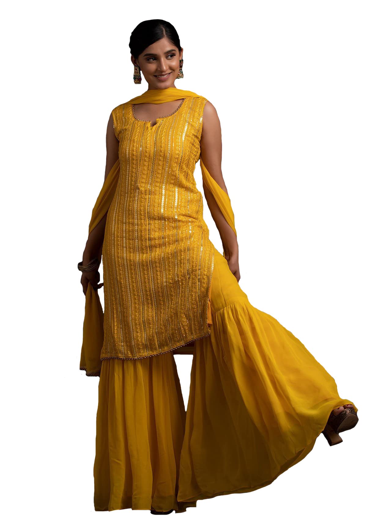 Xomantic Fashion Womens Georgette Sequence work Kurta Sharara Set With Dupatta