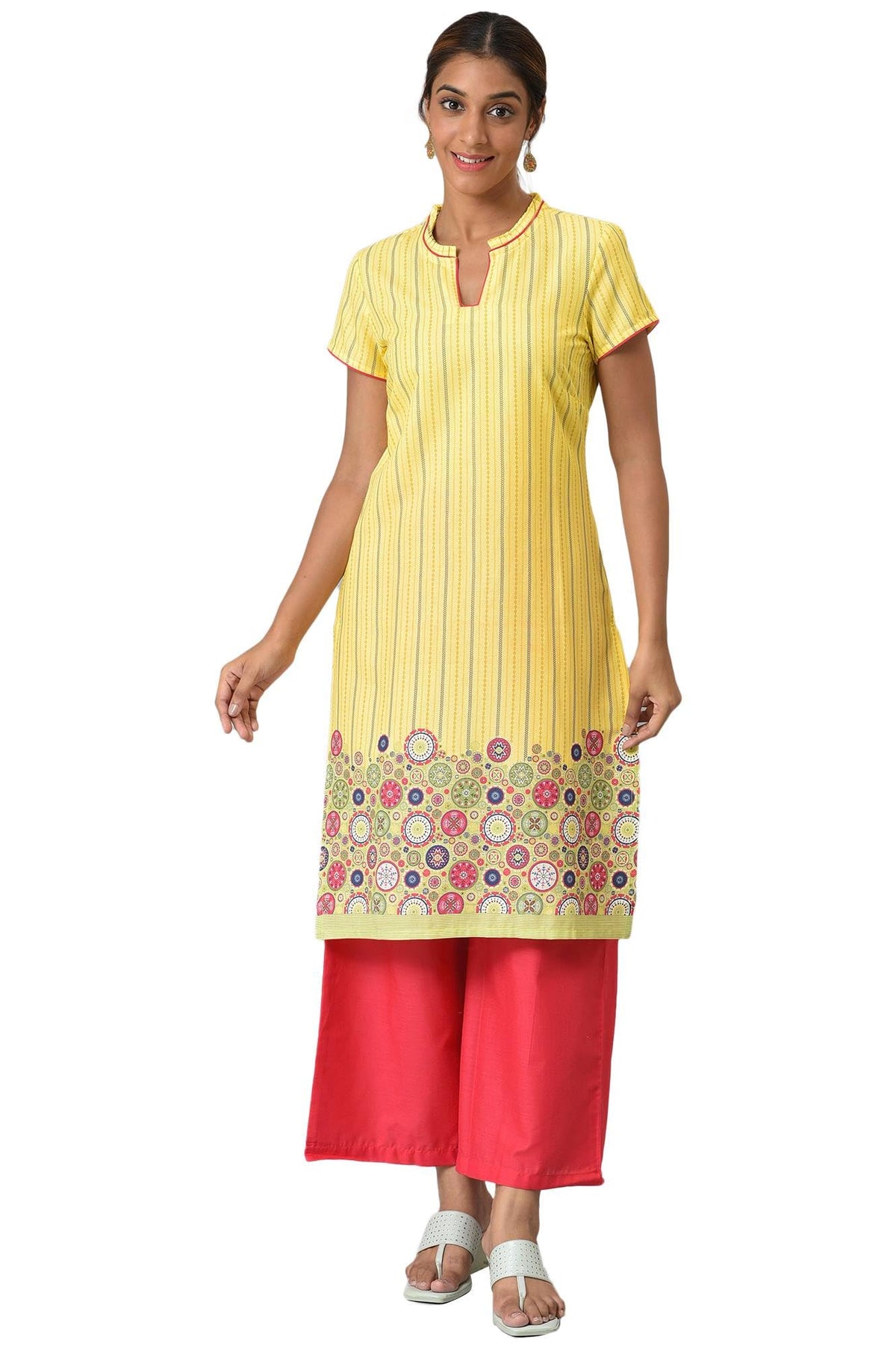 Yellow Printed Kurta With Red Palazzos