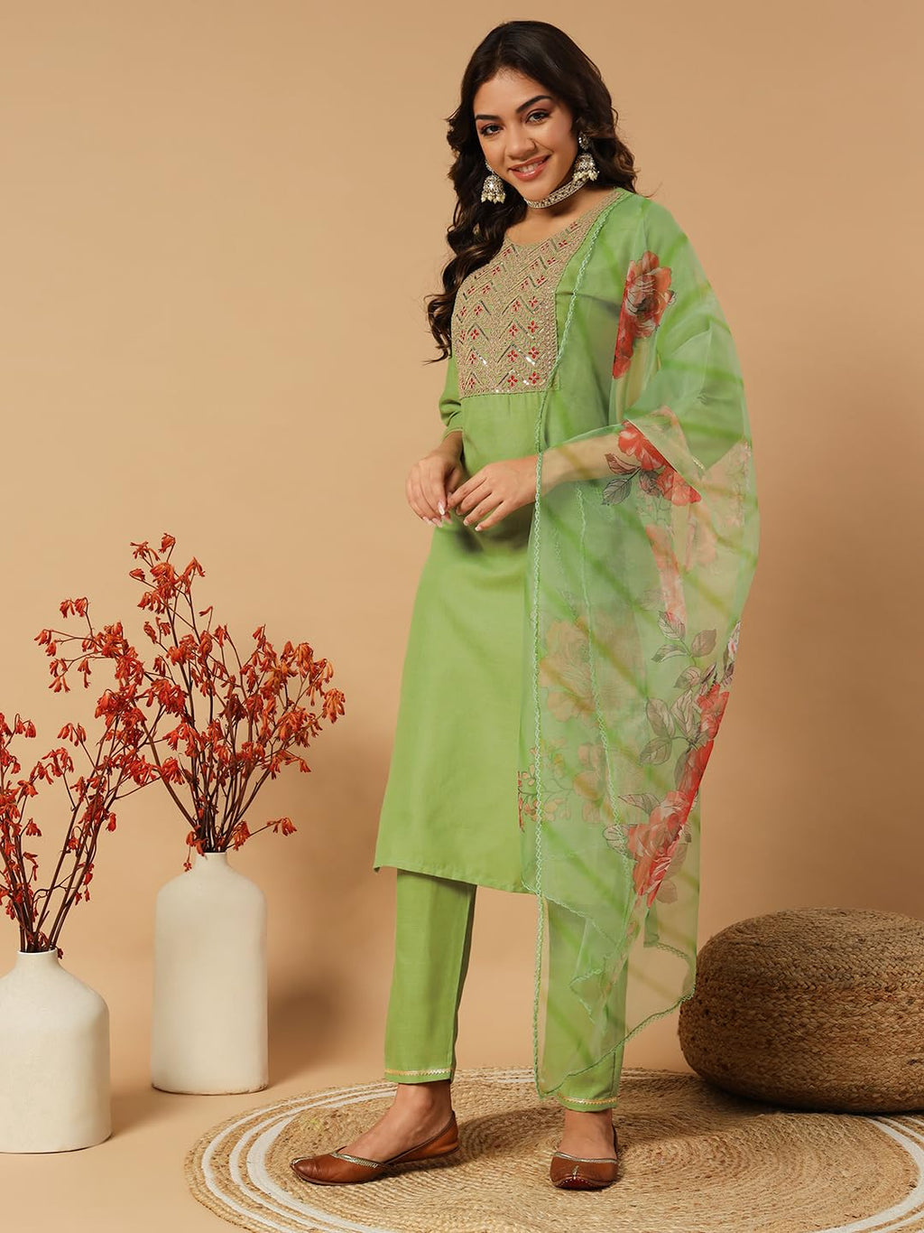 Gufrina Elegant Women'S Cotton Embroidered Kurta Pant Dupatta Set | Round Neck, 3/4 Sleeve Ethnic Wear