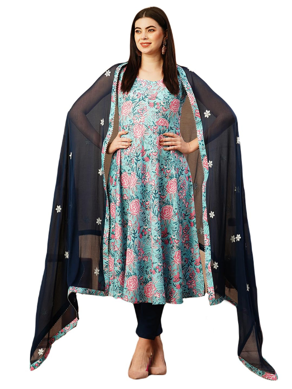 ANNI DESIGNER Womens Cotton Blend Anarkali Printed Kurta with Pant & Dupatta (GOANNI BLUE-FKA_XXL_Blue_XX-Large)