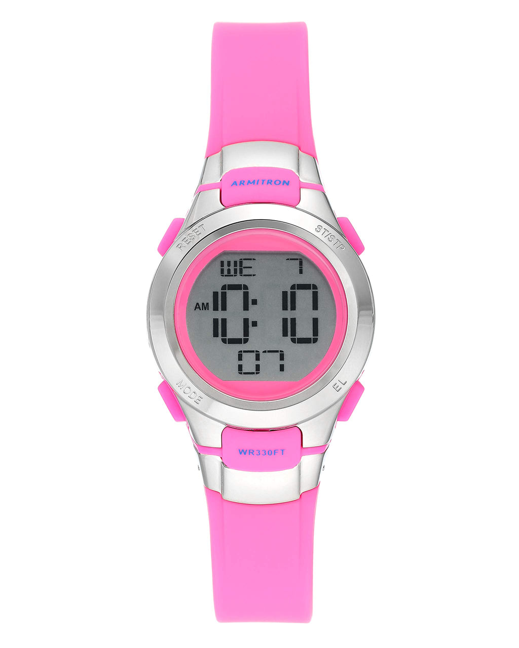 Armitron Sport Women's Silver-Tone Accented Digital Chronograph Neon Pink Resin Strap Watch, 45/7012NPK