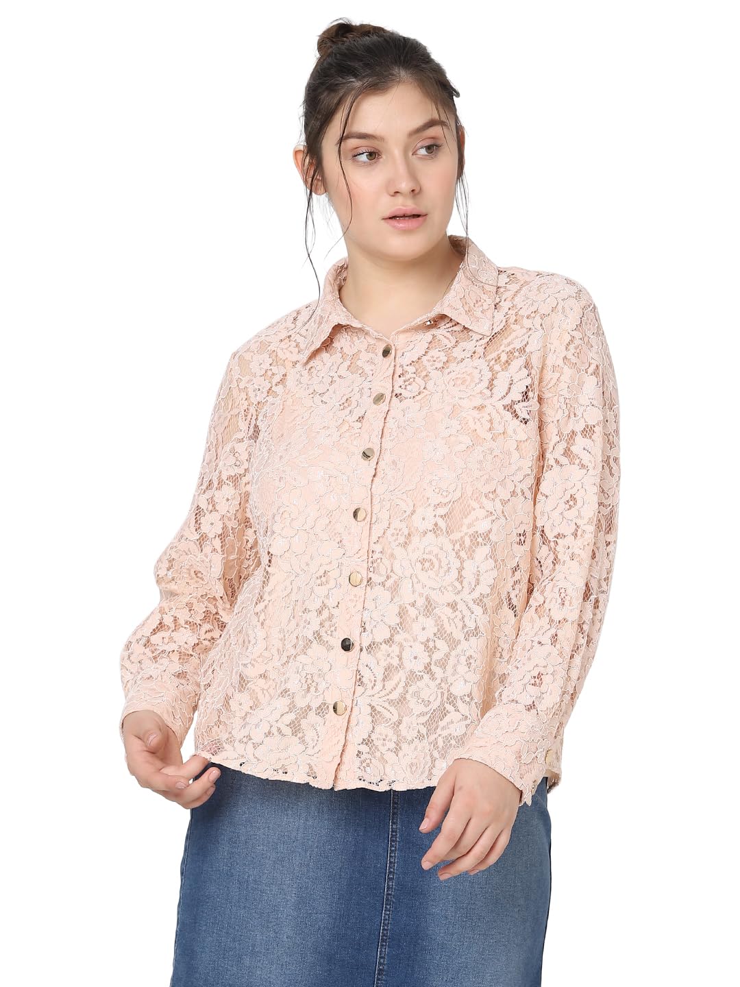 Vero Moda Curve Women Self Design Pink Nylon Regular Fit Shirt