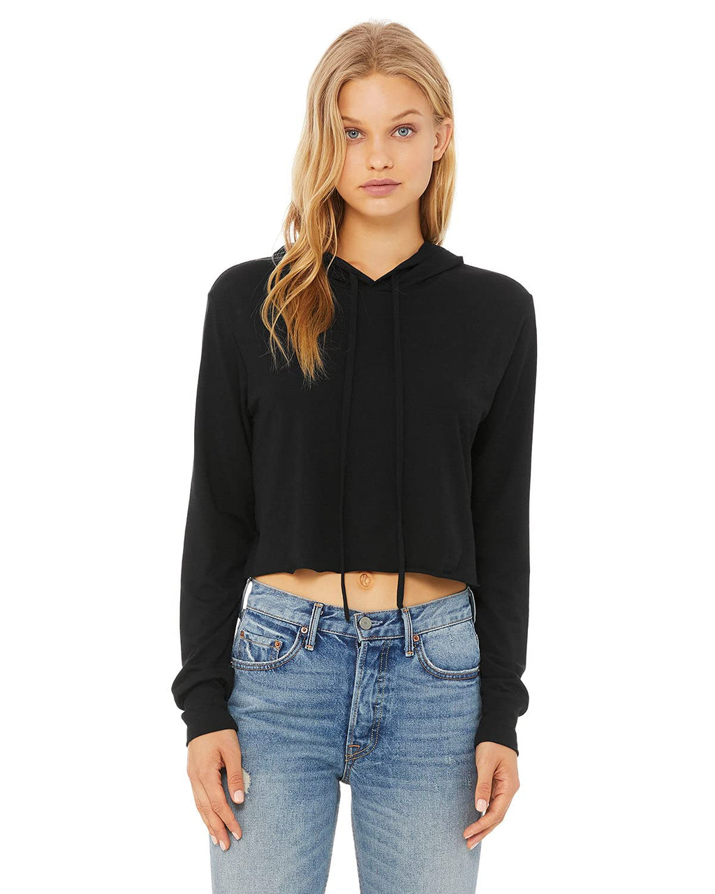 Ladies cropped Long Sleeve Hoodie T-Shirt - SOLID BLK TRBLND - S(D0102H7WETJ)