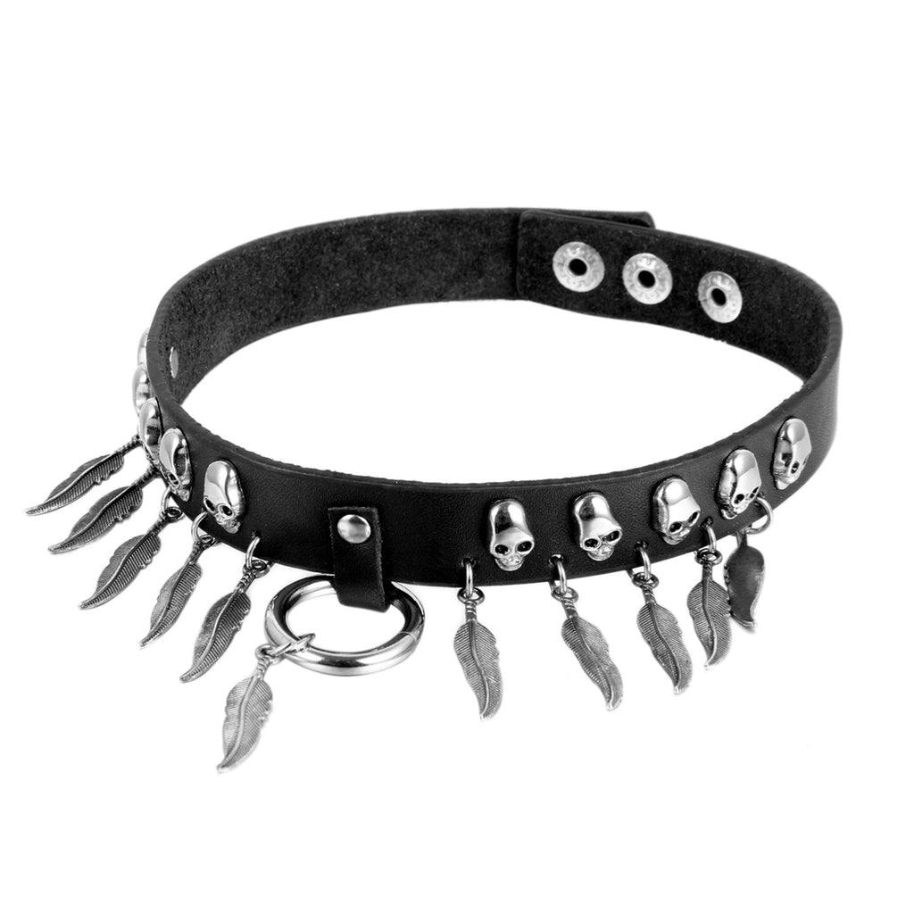 OIDEA Halloween Cosplay jewelry Womens Gothic Leather Choker Collar Necklace,Ring Feather,Skull Pendant Punk Rock Necklace, Hall