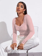 AVANOVA Womens & Girls Peach Full Sleeve, Sweat Hear Neck, Frill Trim Ruched Crop Top for Women, Tops, T-Shirts for Girls (TOP