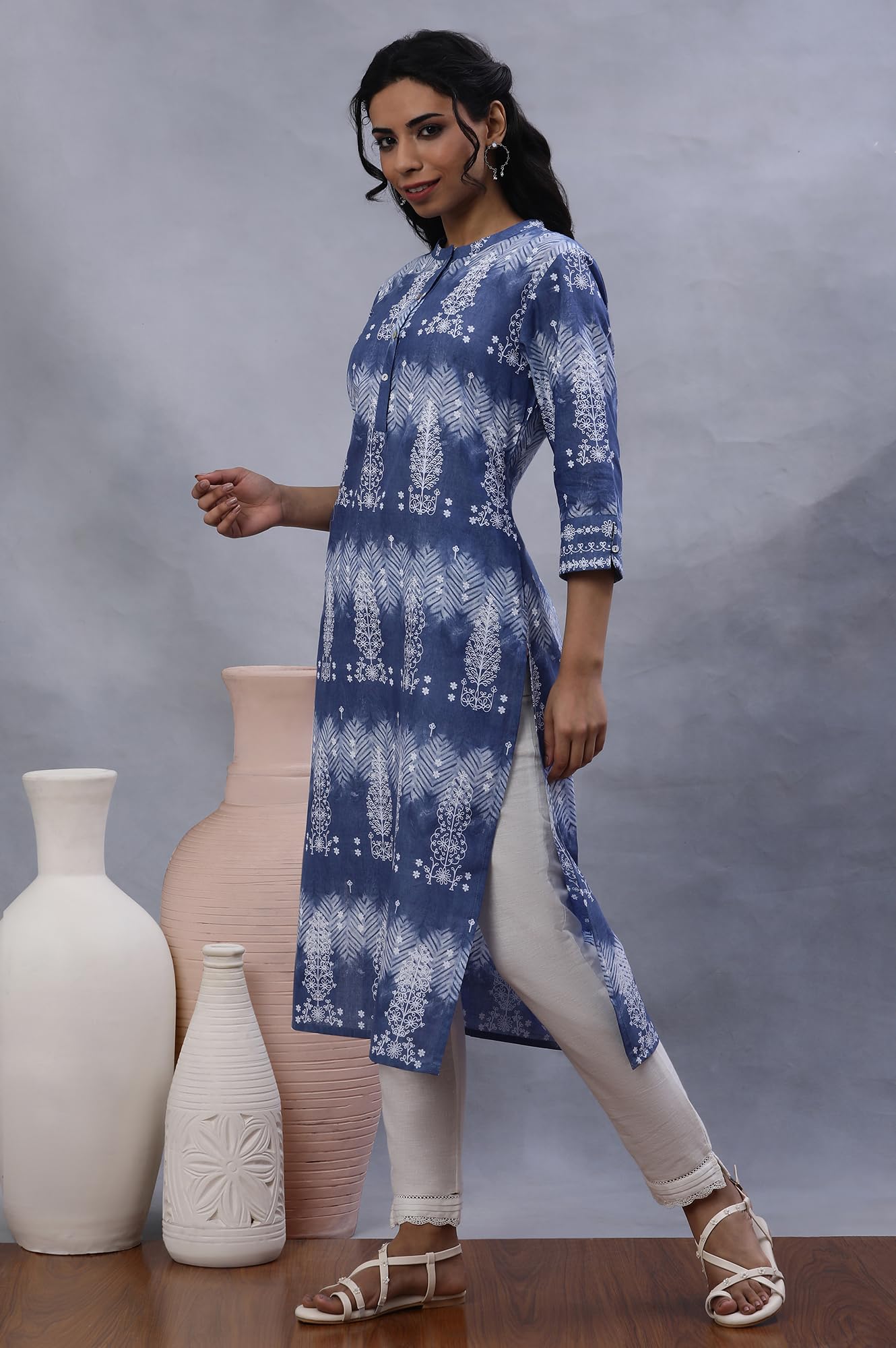 W For Woman W Women Blue Printed Cotton Straight Kurta