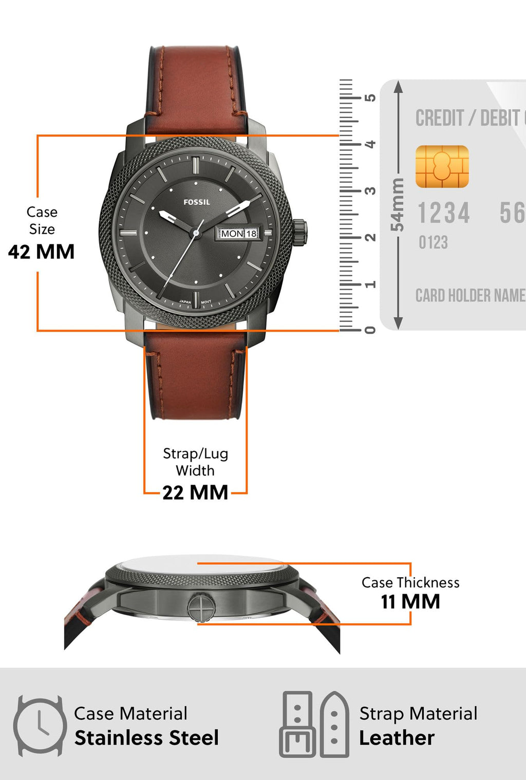 Fossil Men's Machine Quartz Stainless Steel and Leather Three-Hand Watch, Color: Smoke, Amber (Model: FS5900)