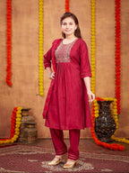 Aarika Girls Ethnic Wear Maroon Colour Sequin Thread Embroidery With Gota Work Silk Kurti Pant Set (8-16 Years)