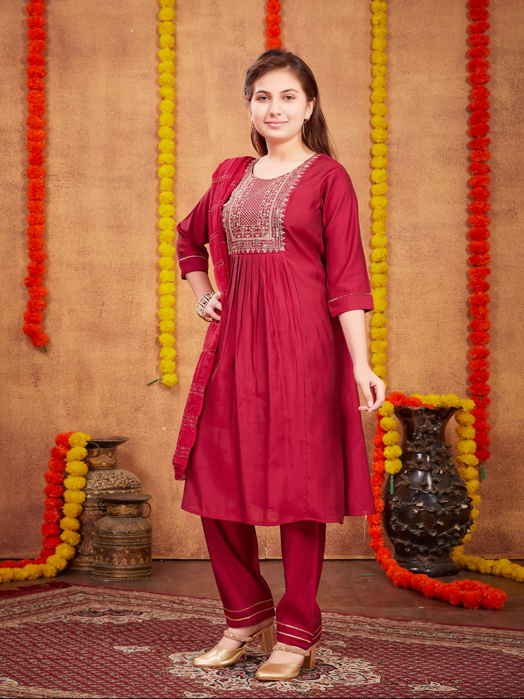 Aarika Girls Ethnic Wear Maroon Colour Sequin Thread Embroidery With Gota Work Silk Kurti Pant Set (8-16 Years)