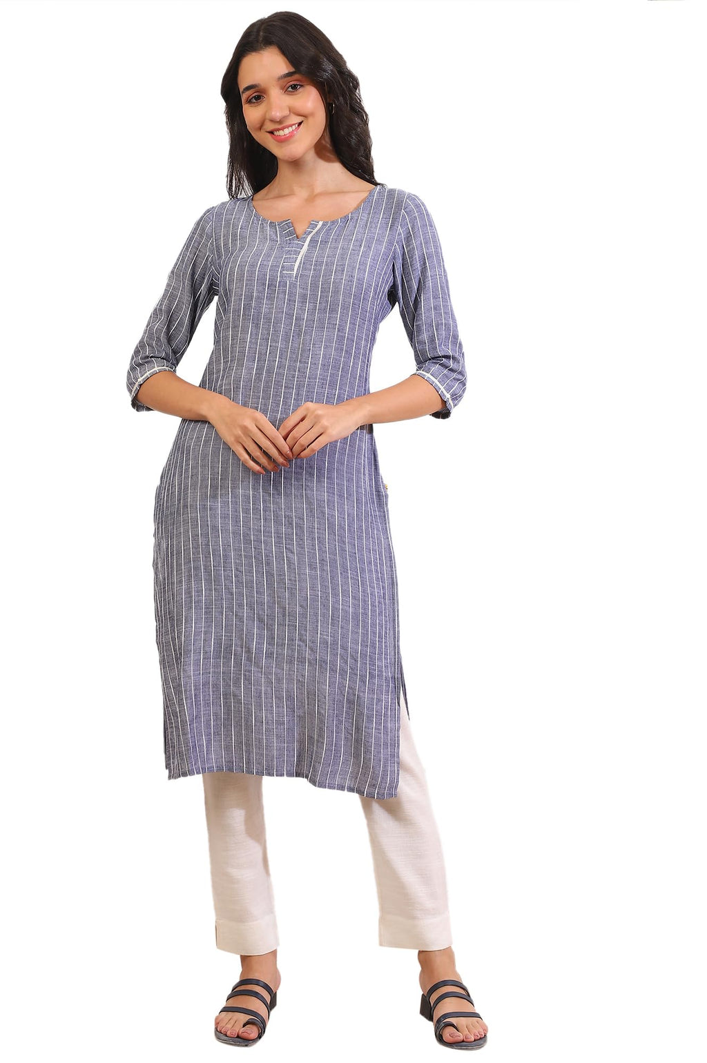 Aurelia Women'S Grey Yarn Dyed Cotton Blend Straight Kurta (Size: L)-A15638-705481