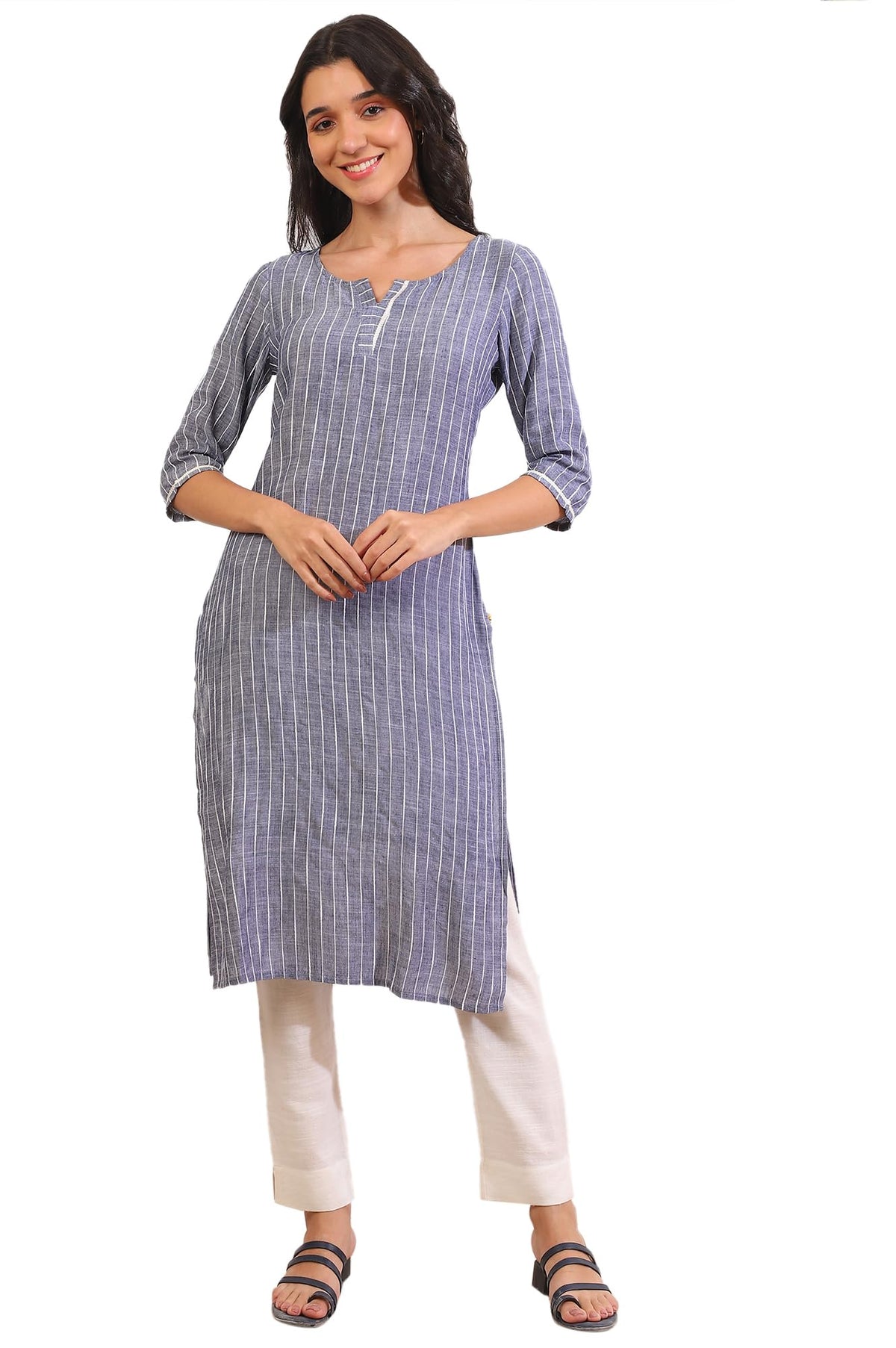 Aurelia Womens Grey Yarn Dyed Cotton Blend Straight Kurta (Size: M)-A15638-705481