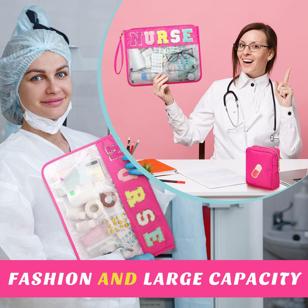 Hillban 2 Pcs Nurse Gifts Chenille Letter Bags Nurse Makeup Bag Nurse Survival Kit Bag Clear Cosmetic Toiletry Pouch Waterproof