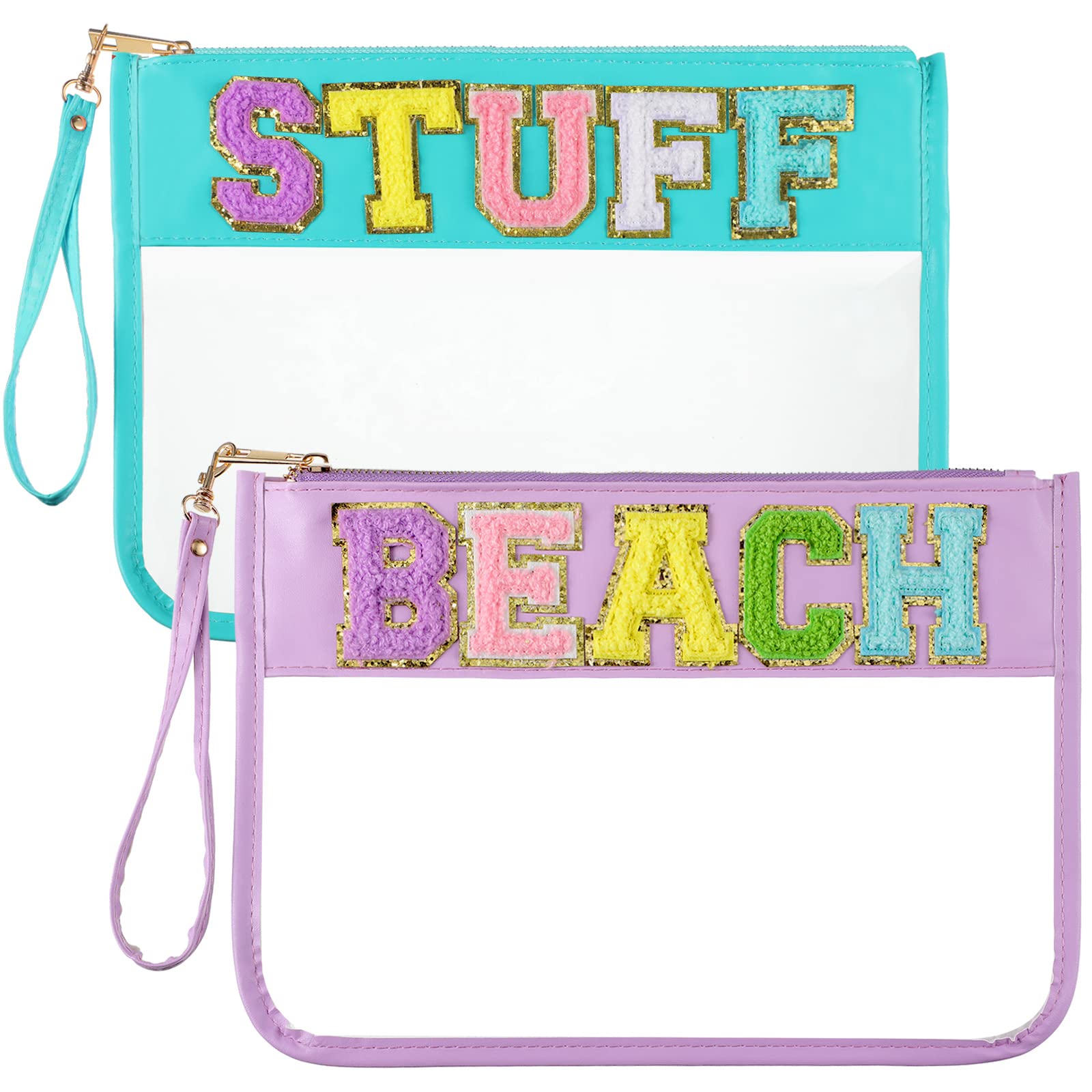 Sanwuta 2 Pcs Chenille Letter Clear Zipper Pouch Clear Cosmetic Bag Clear Purse Clear Makeup Letter Bag Stadium Purse Bag Transp